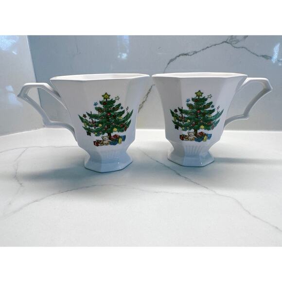 Set of 2 Nikko Christmastime Footed Holiday Tree Pedestal Coffee Tea Cup - White - Picture 2 of 6